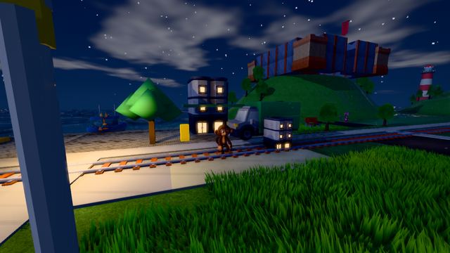 Town at night with lit windows and a starry sky