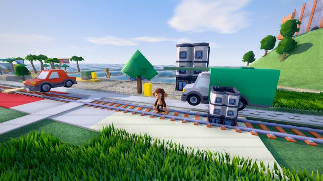 A monkey by the railway in town, with a truck, a car and the sea behind